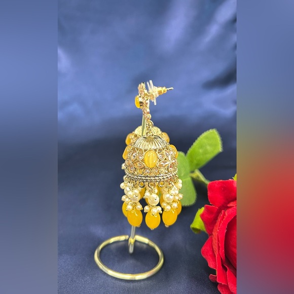 Beautiful Mustard Gold Duluxe Reverse Ad Jhumkas - Picture 7 of 7
